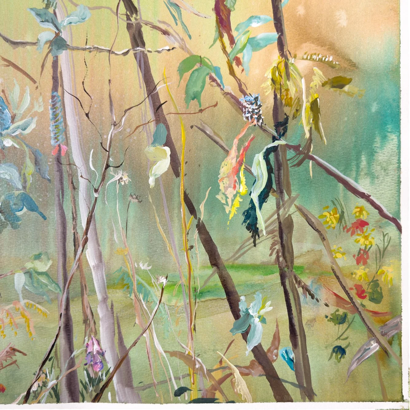Zoomed-in detail of the right side, highlighting softly rendered botanical elements bathed in warm light over a muted, peaceful background.