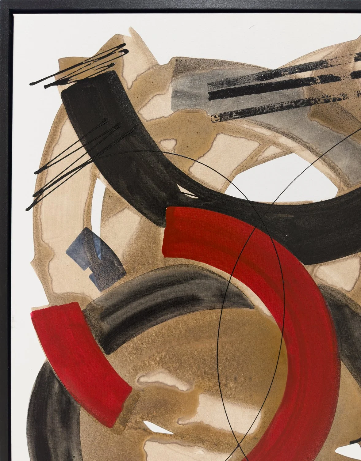 Close-up showing rounded red gesture interacting with black stroke over coffee-stained layers on white canvas.