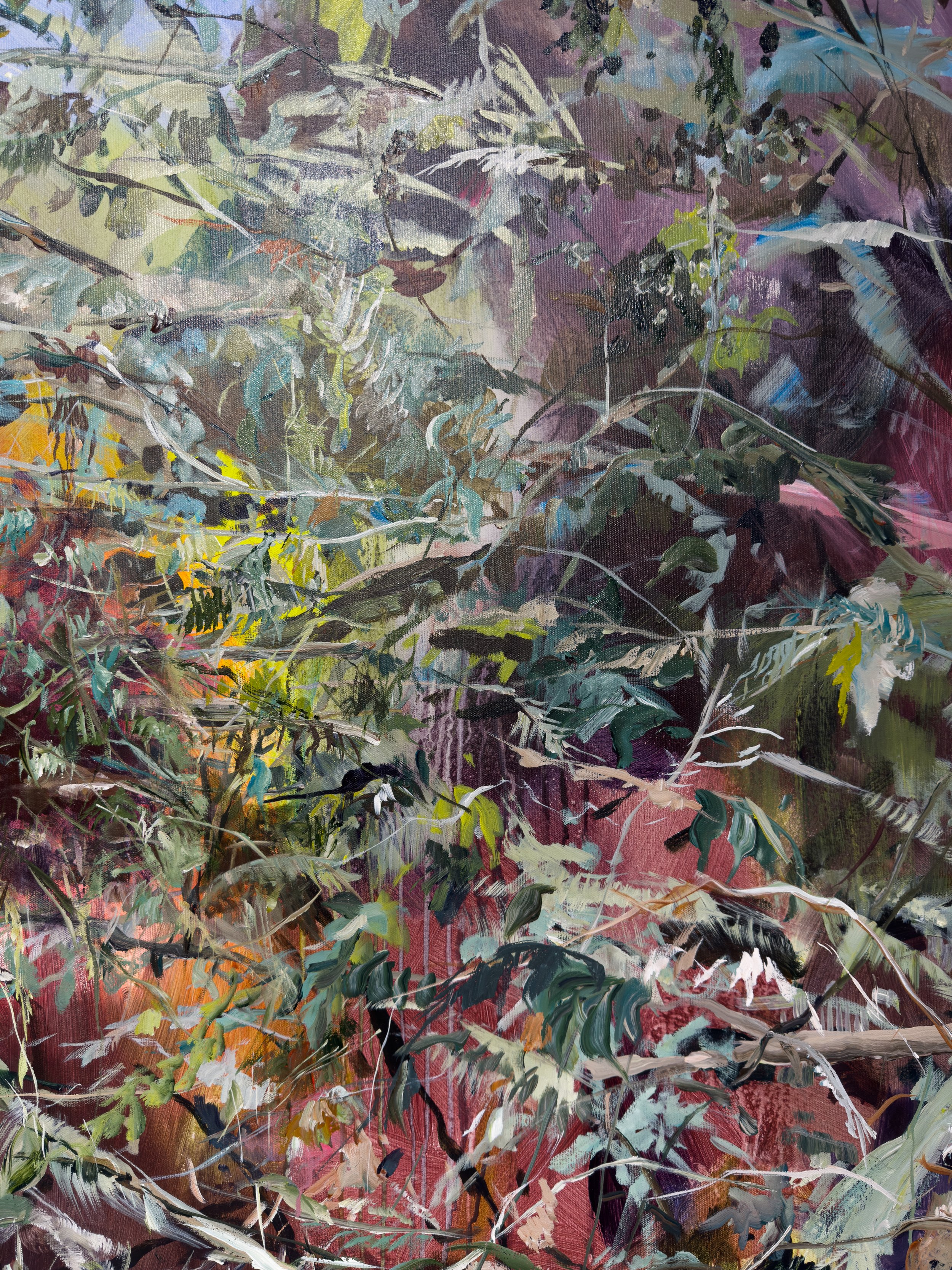 Close-up detail of Entering the Conversation with the Understory by Lori Goldberg, showcasing the intricate organic branchwork and layered foliage, set against a rich ombré background.