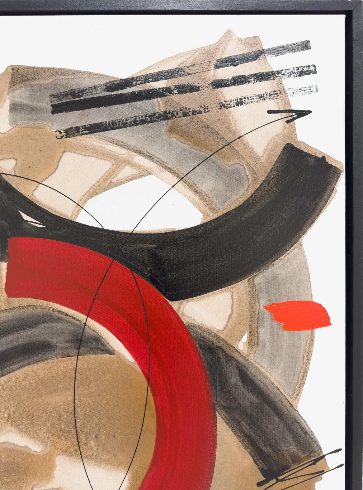 Detail highlighting black gestural stroke blending into coffee and brown pigment layers.