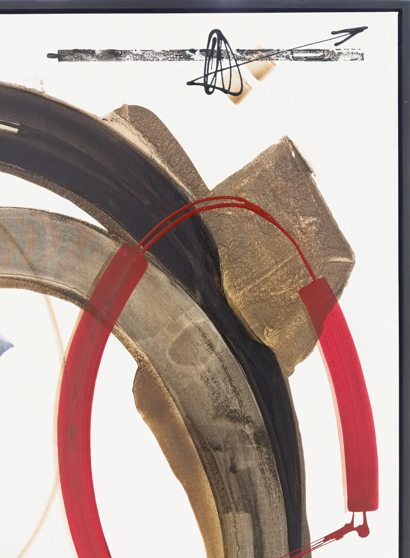 Detail of red calligraphic gesture over textured coffee and pigment layers, emphasizing movement and balance.