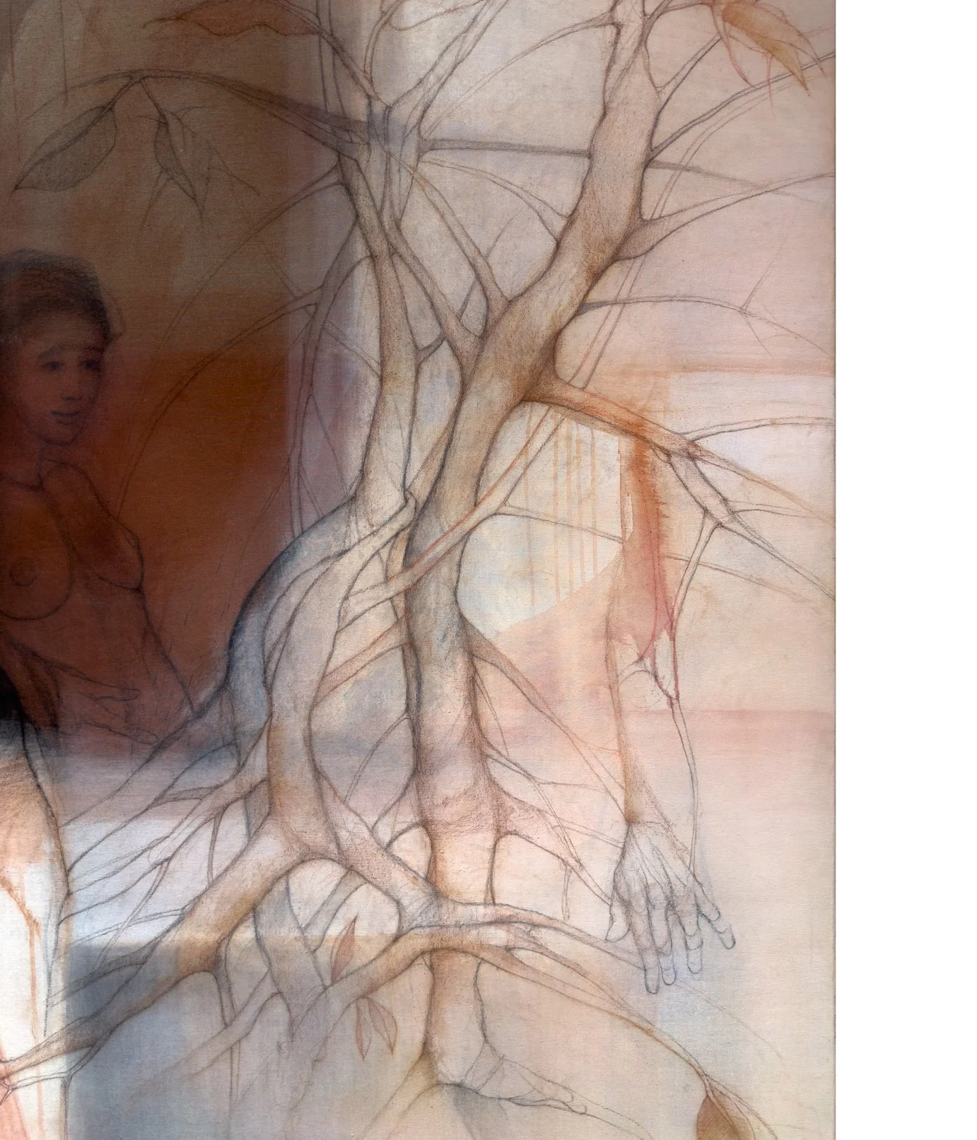 Right-side detail of Conquistando Libertades I by Rafael Dussan, showing the mangrove’s branches, leaves and roots.