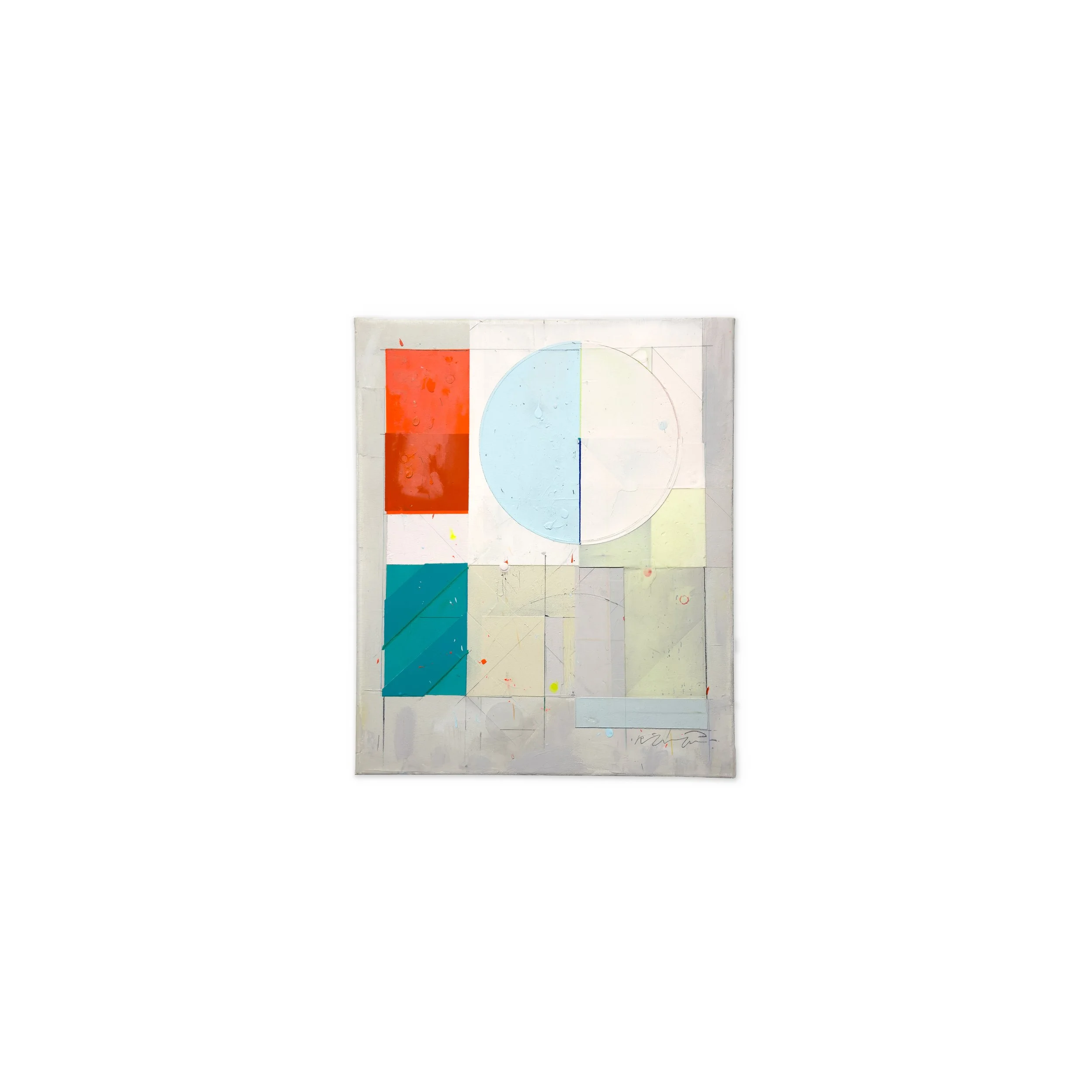 Alberto Ruiz Villar, 22042021, geometric abstract painting with circular form, red rectangle, teal block and layered grid