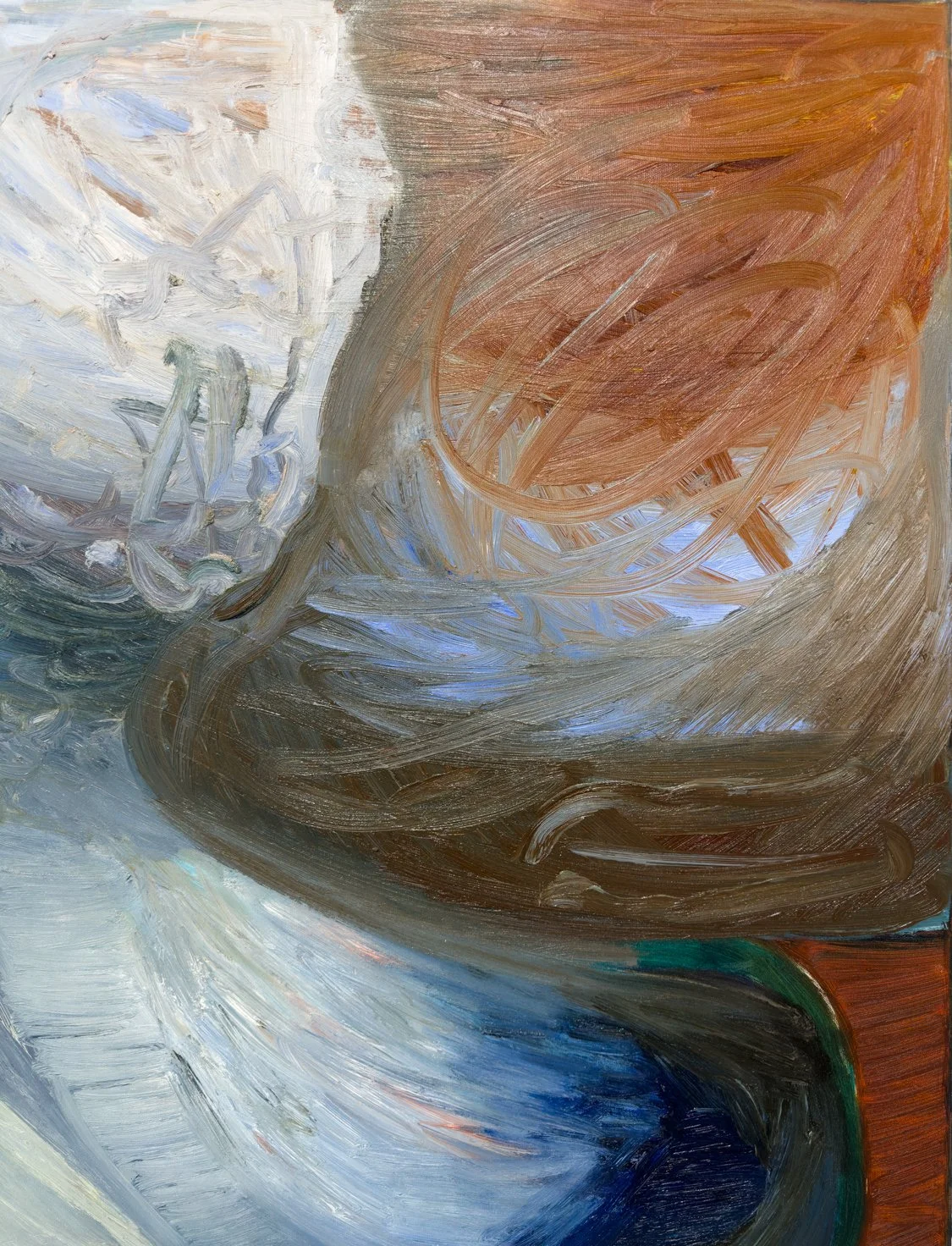 Close-up of the top-right section of Untitled 04, highlighting earthy tones shifting into red and tactile brushwork.