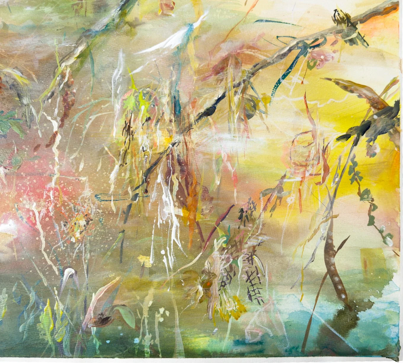 Zoomed-in view of the right side, highlighting fine botanical shapes and bright tonal transitions between pink, yellow and earthy shadows.