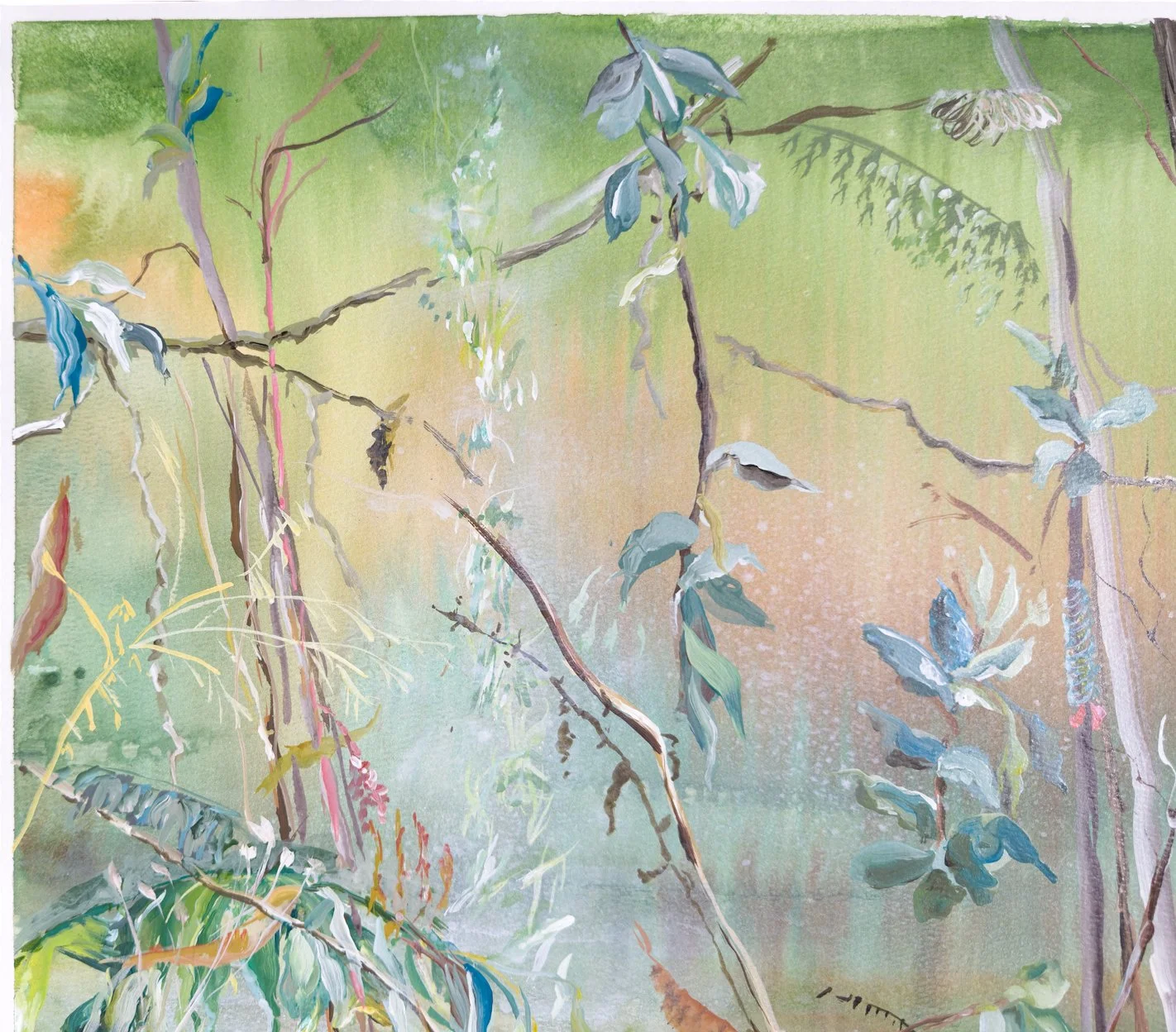 Close-up of the left section, showing organic stems and leaves emerging from green and ochre washes with a calm, translucent atmosphere.