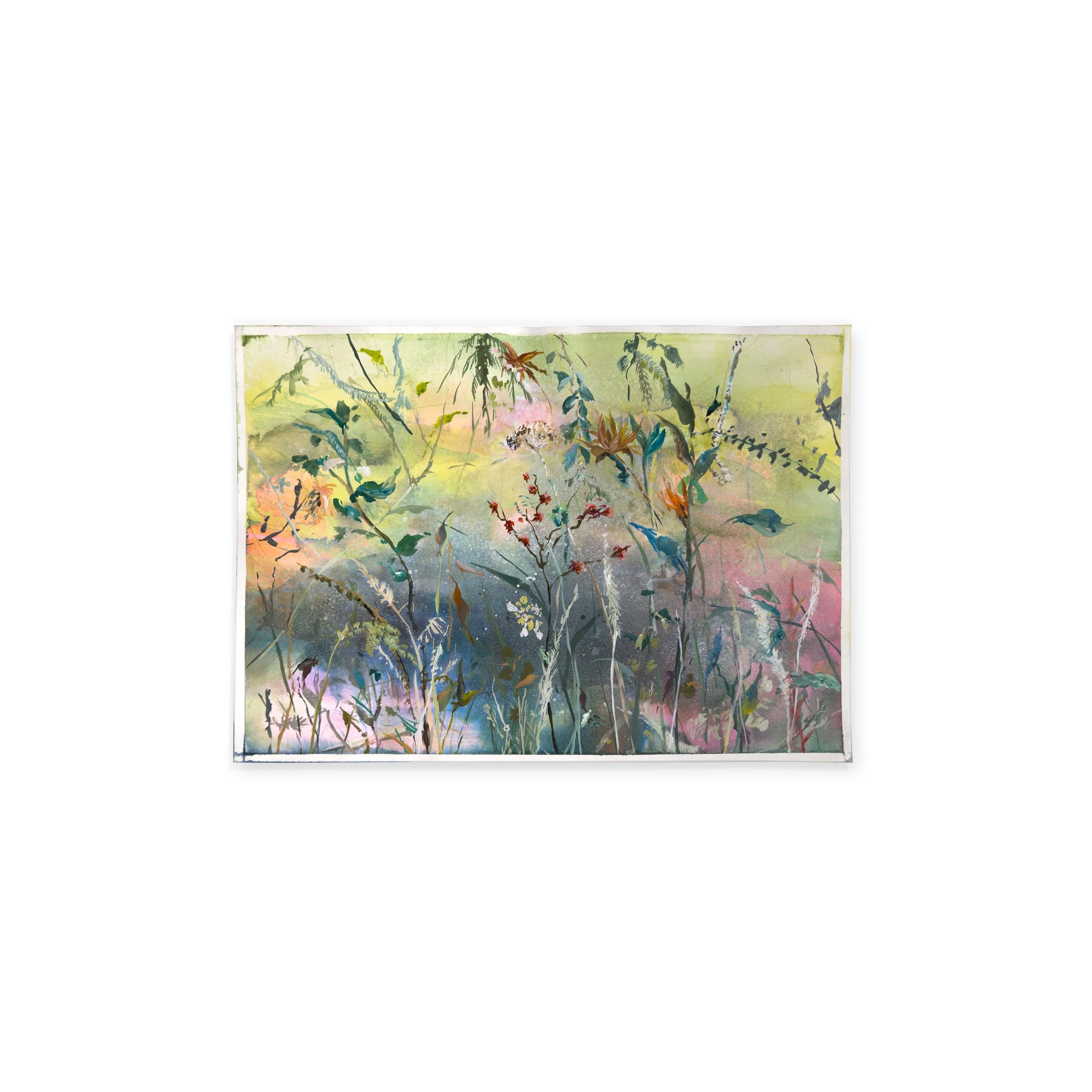 Full view of Lori Goldberg’s painting on paper, featuring layered plant forms over a luminous background of tea green, Oxford blue, and soft neon pink tones. On view at Matiz Gallery, Barcelona.