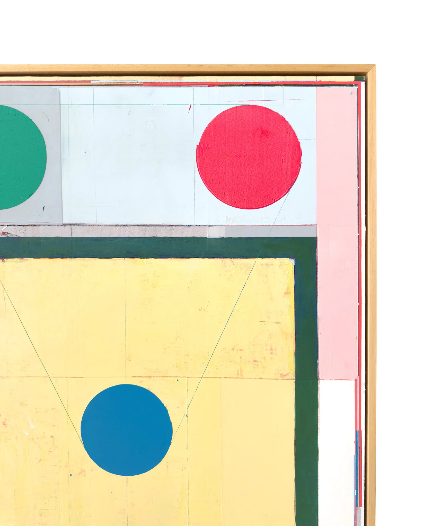 Upper-right detail with red circle, pink border, graphite lines and layered painted surface