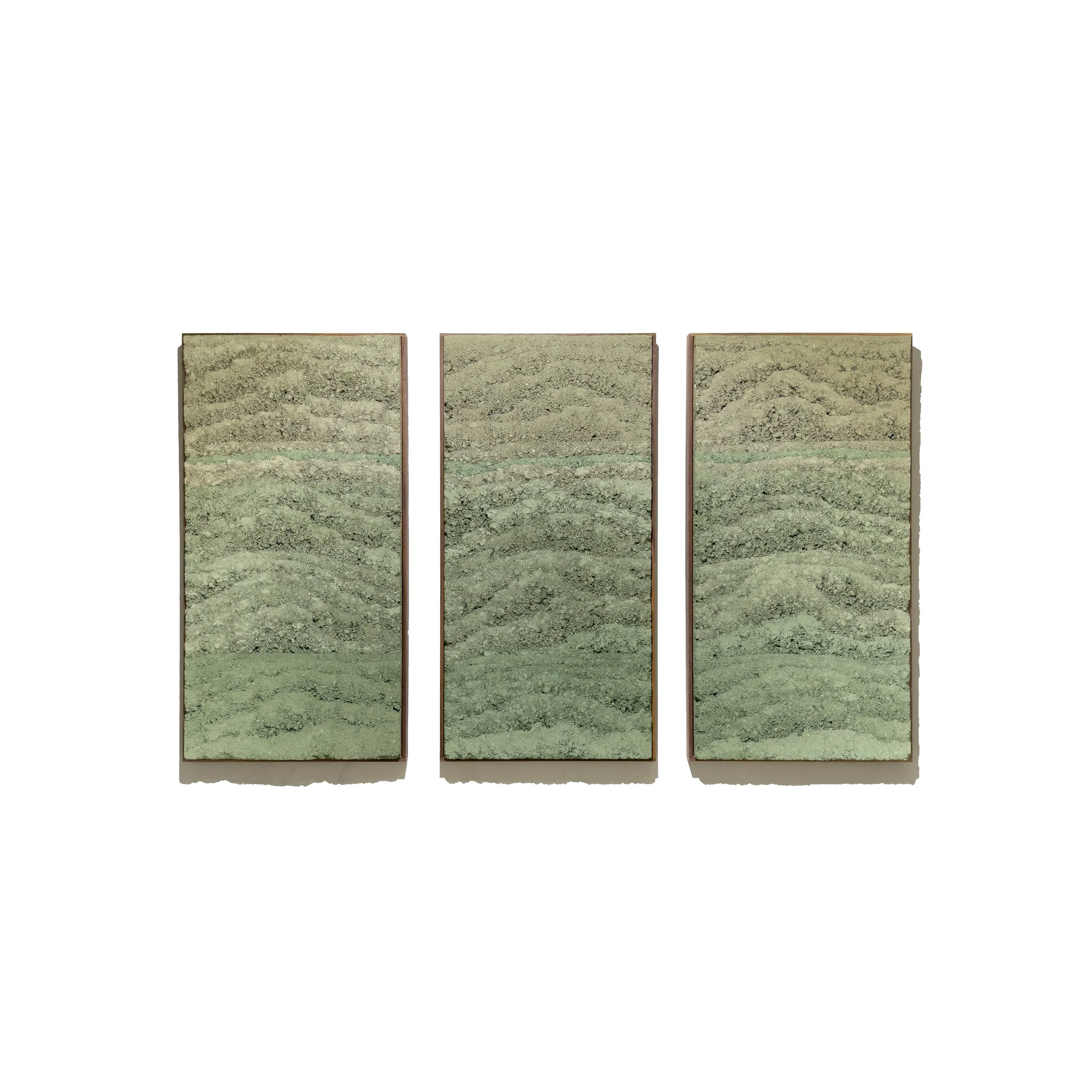 Green Rammed Earth: Skyspace by Adam Weismann for Clayworks at Matiz Gallery Barcelona; abstract vernacular art triptych in layered green rammed earth.