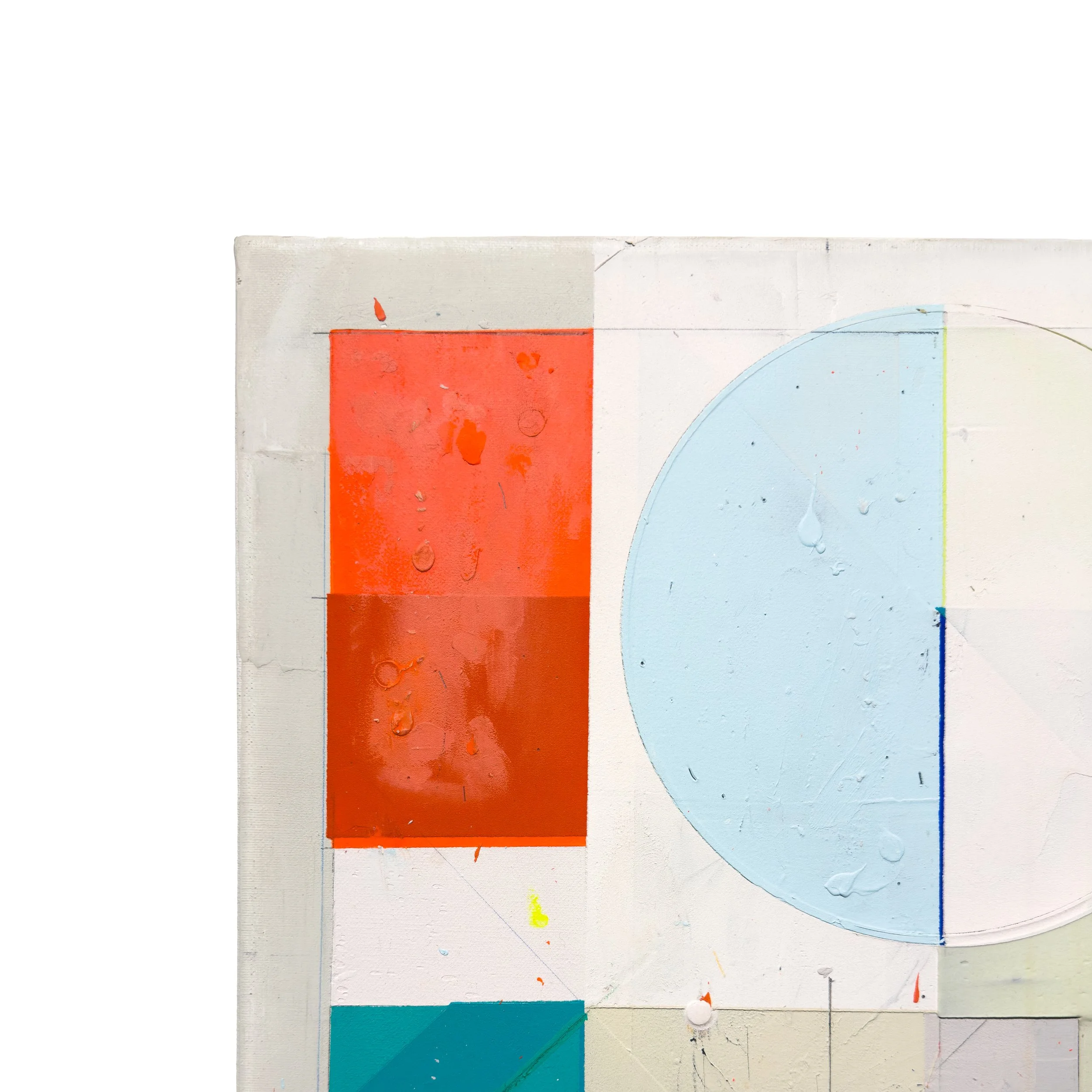 Upper-left detail of 22042021 by Alberto Ruiz Villar, showing red rectangle, pale blue circle and surface marks