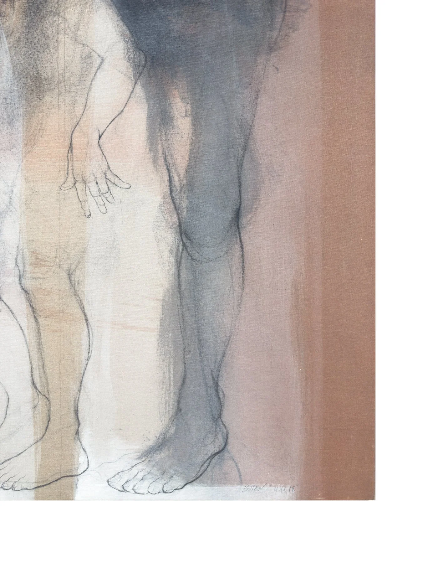 Lower-right detail of Conquistando Libertades II by Rafael Dussan, showing the child’s hand and the figures’ legs and feet.