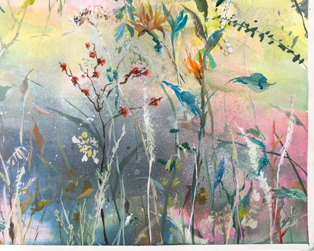 Zoomed-in view of the right side, showing fine vegetation and stems emerging from a surreal blend of blue, green, and pink watercolor textures.