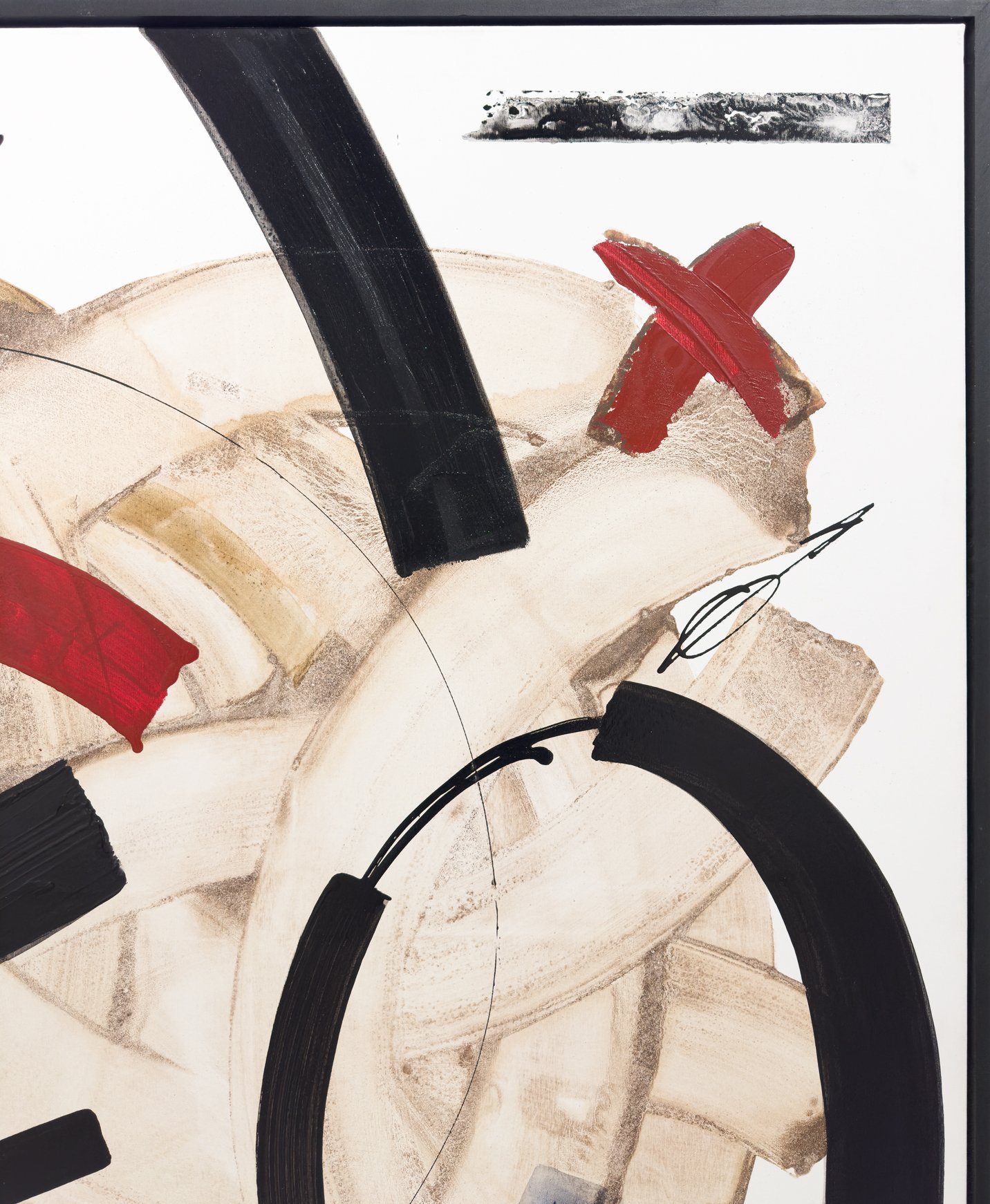 Detail of the of Neutral 101 by Jordi Artigas, highlighting red gestural marks, symbolic abstraction, and the textured interaction between acrylic and coffee on canvas.