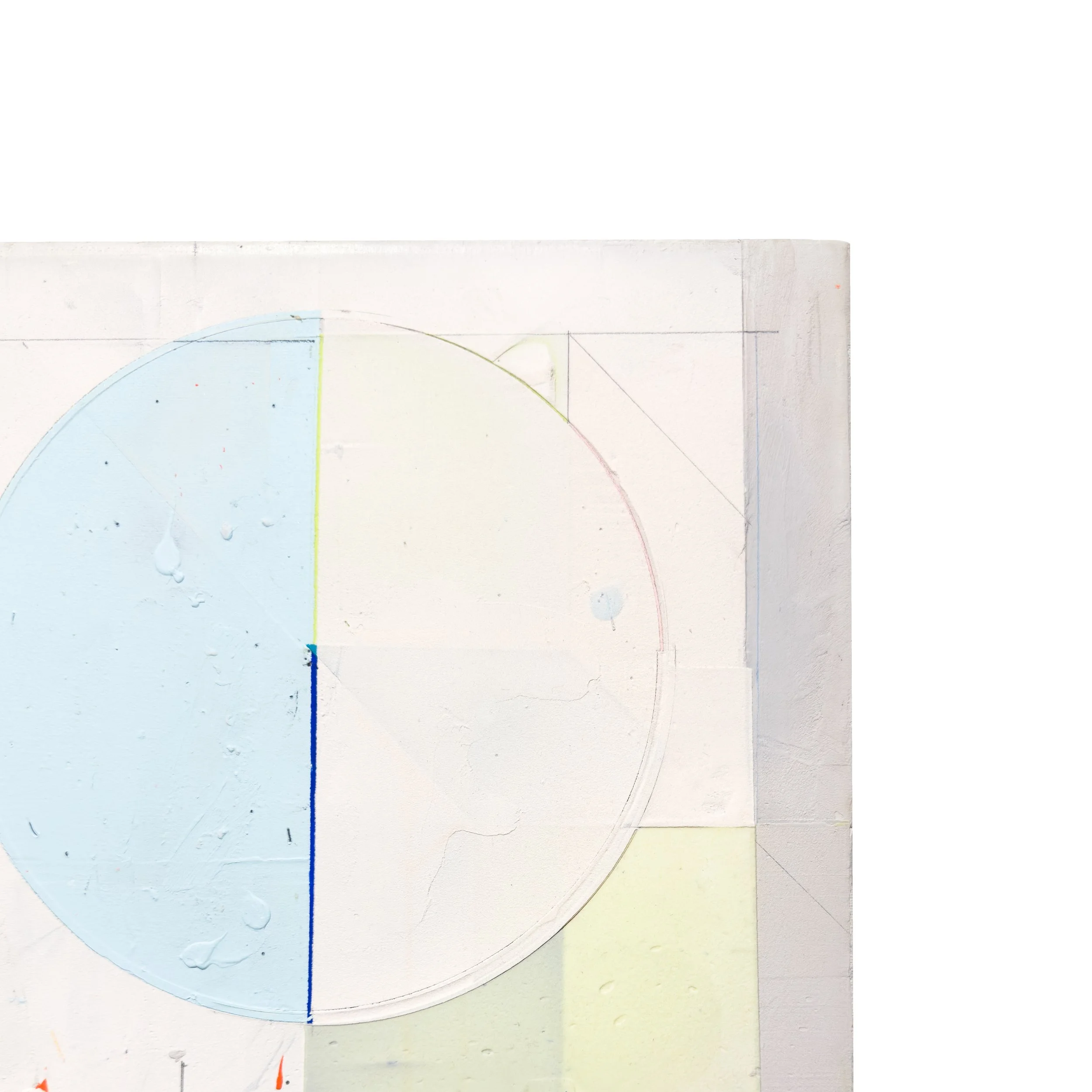 Upper-right detail of Alberto Ruiz Villar’s 22042021, with pale circular form, blue line and graphite grid