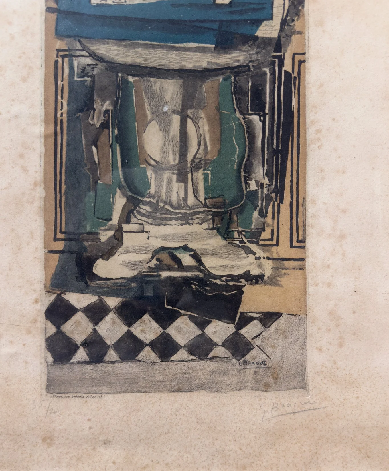 Lower detail of Nature Morte showing Georges Braque’s pencil signature, Jacques Villon’s engraved plate signature, and the edition number 35/200.