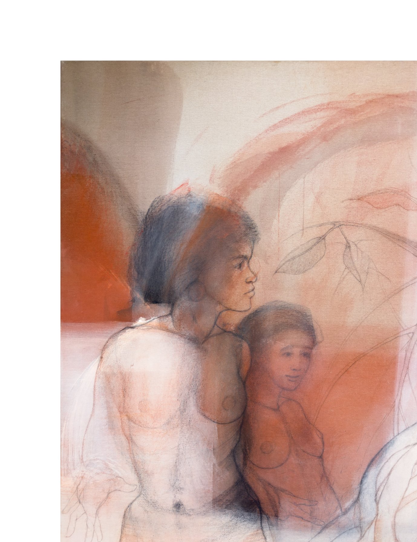 Upper-left detail of Conquistando Libertades I by Rafael Dussan, showing the two women’s faces in earth tones.