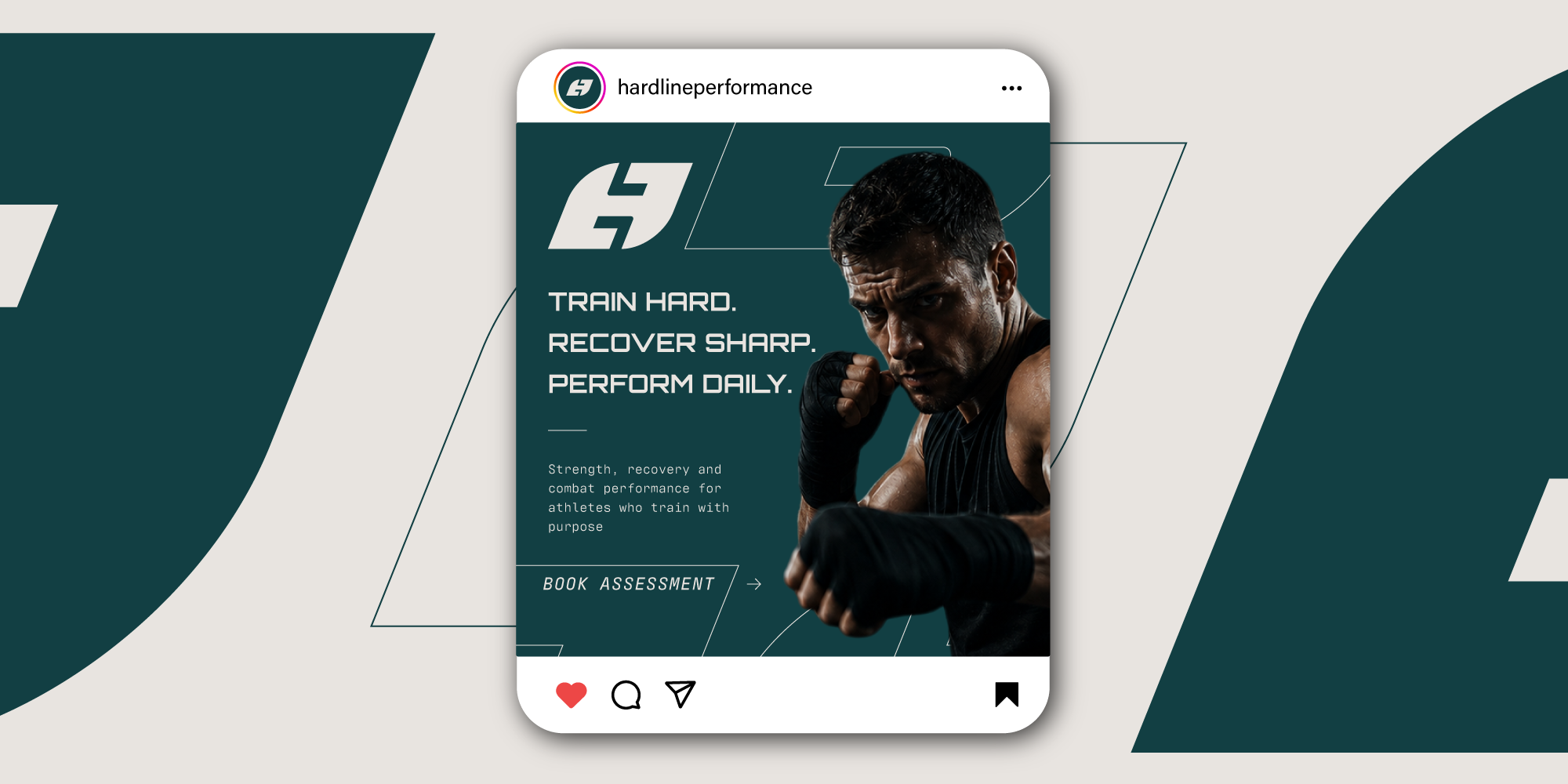 Instagram post by hardlineperformance featuring a male athlete in black workout clothing, fist clenched, with motivational text: 'Train hard. Recover sharp. Perform daily.' on a dark teal background.