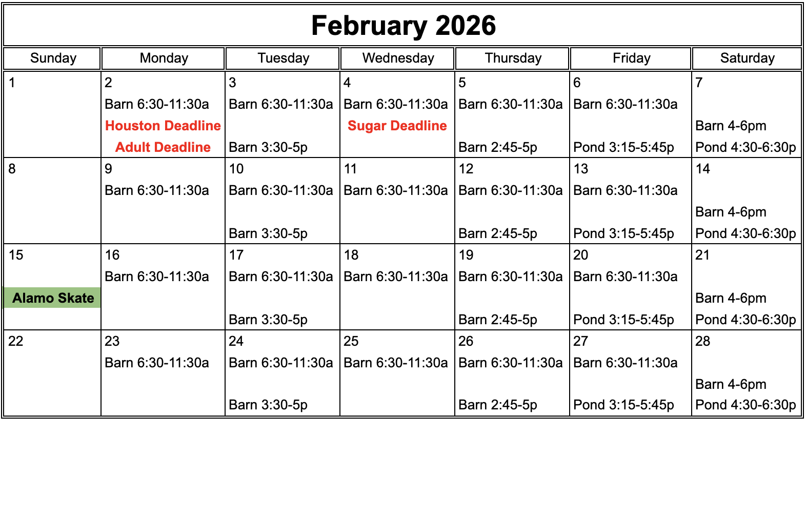 Weekly schedule of ice times, holidays and events for February 2026