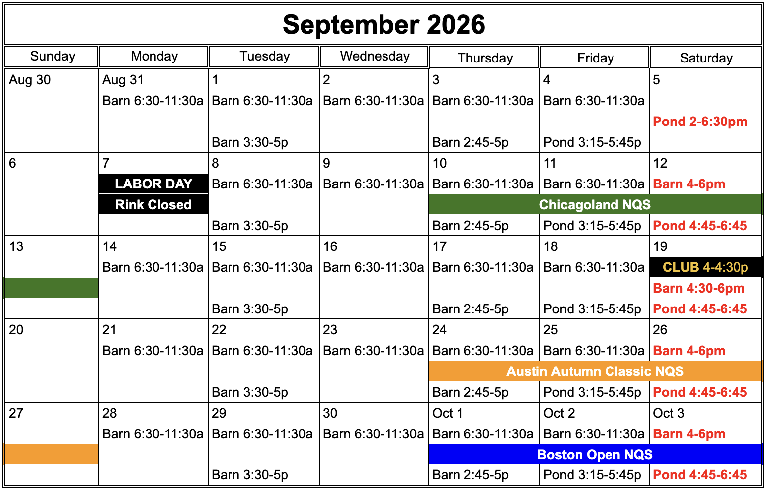 Weekly schedule of ice times, holidays and events for September 2026