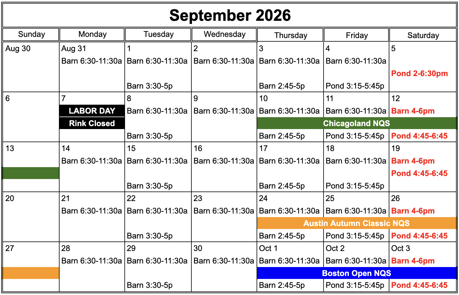 Weekly schedule of ice times, holidays and events for September 2026