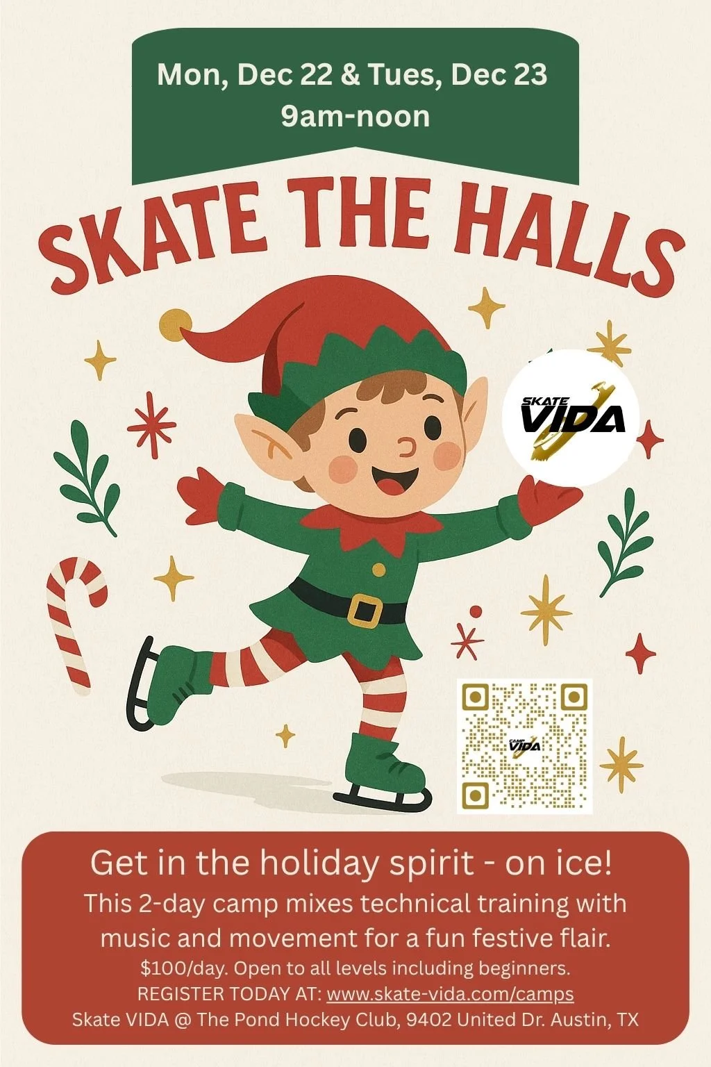 Flyer advertising winter break ice skating camp in Austin