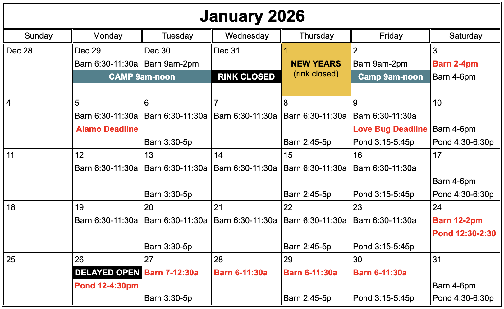 Weekly schedule of ice times, holidays and events for January 2026