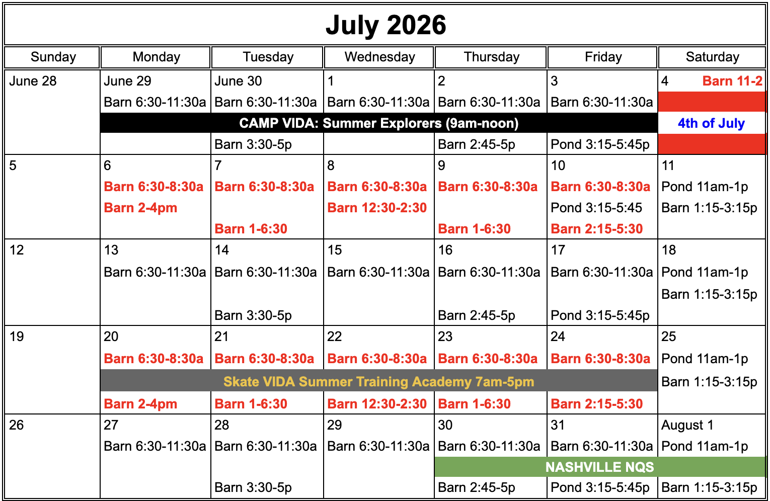 Weekly schedule of ice times, holidays and events for July 2026
