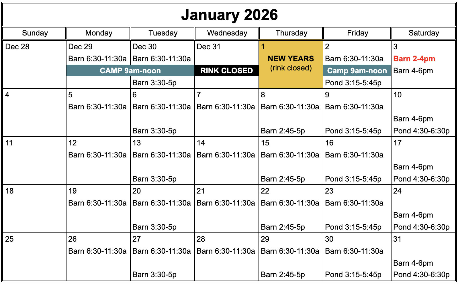 Weekly schedule of ice times, holidays and events for January 2026