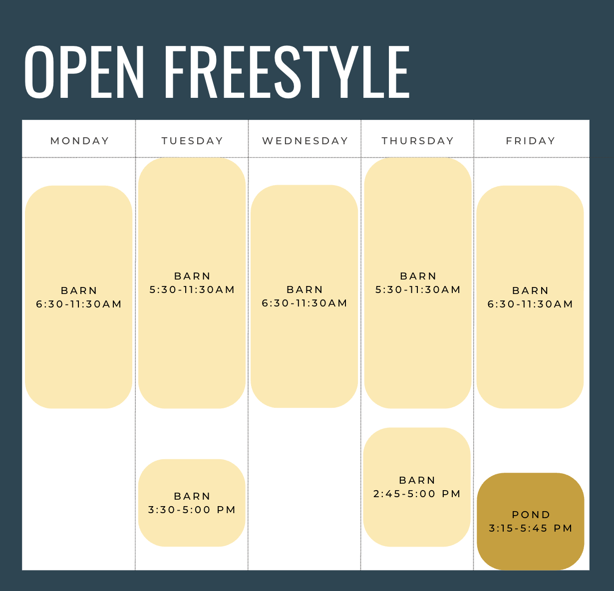 Weekly schedule of open freestyle ice skating times at Skate VIDA