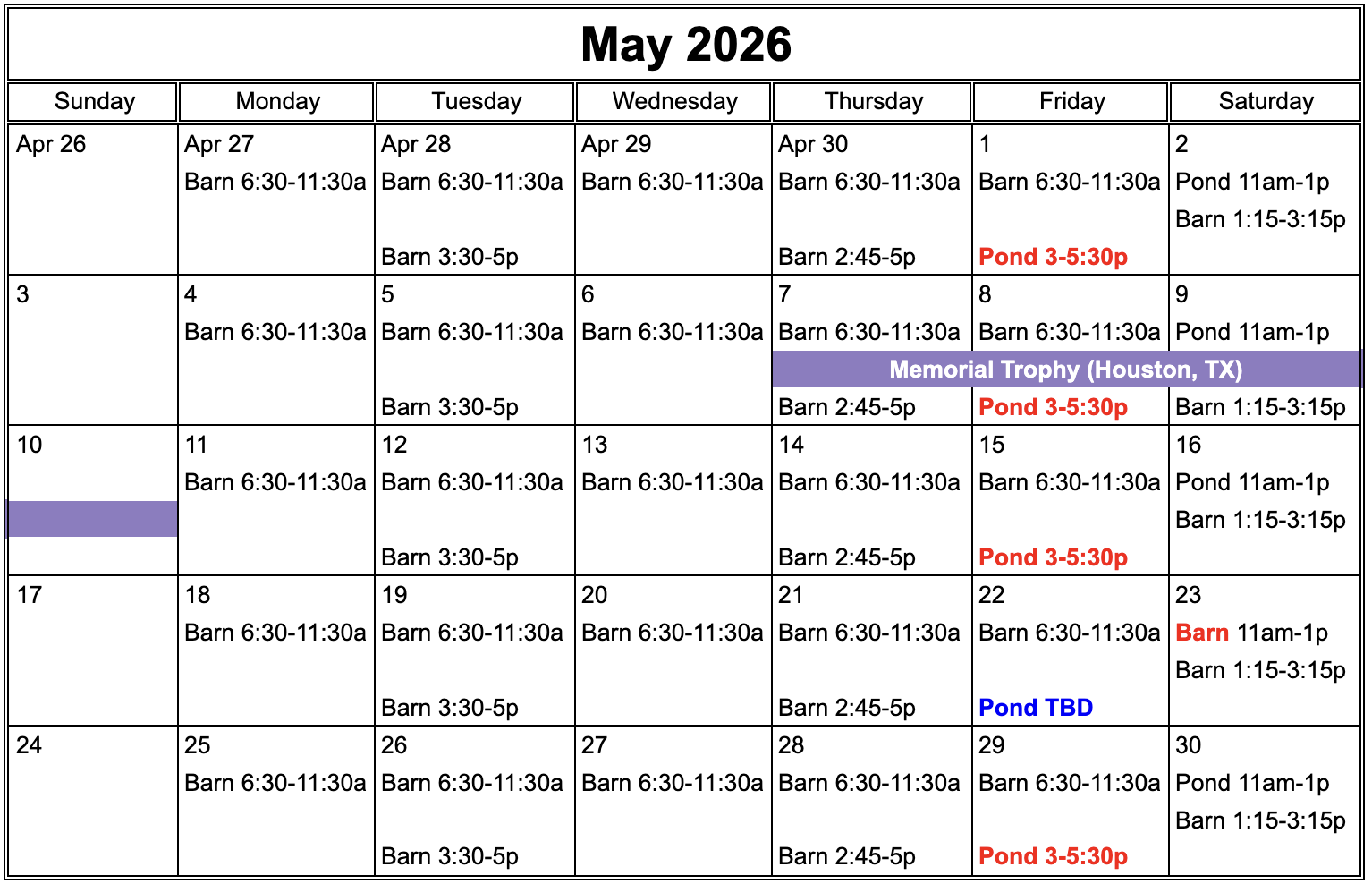 Weekly schedule of ice times, holidays and events for May 2026