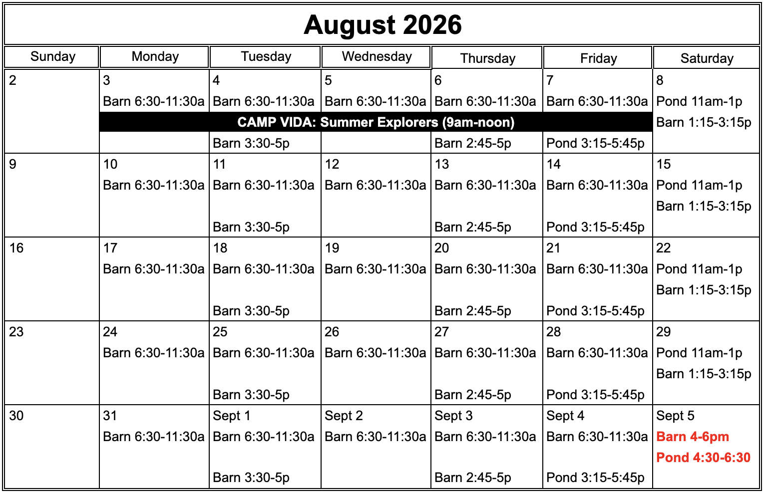 Weekly schedule of ice times, holidays and events for August 2026
