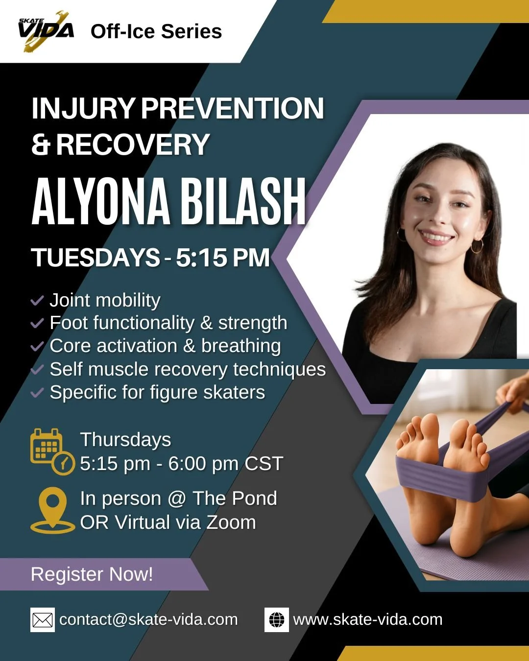 Flyer promoting in-person and zoom off-ice group class focused on injury prevention and muscle recovery