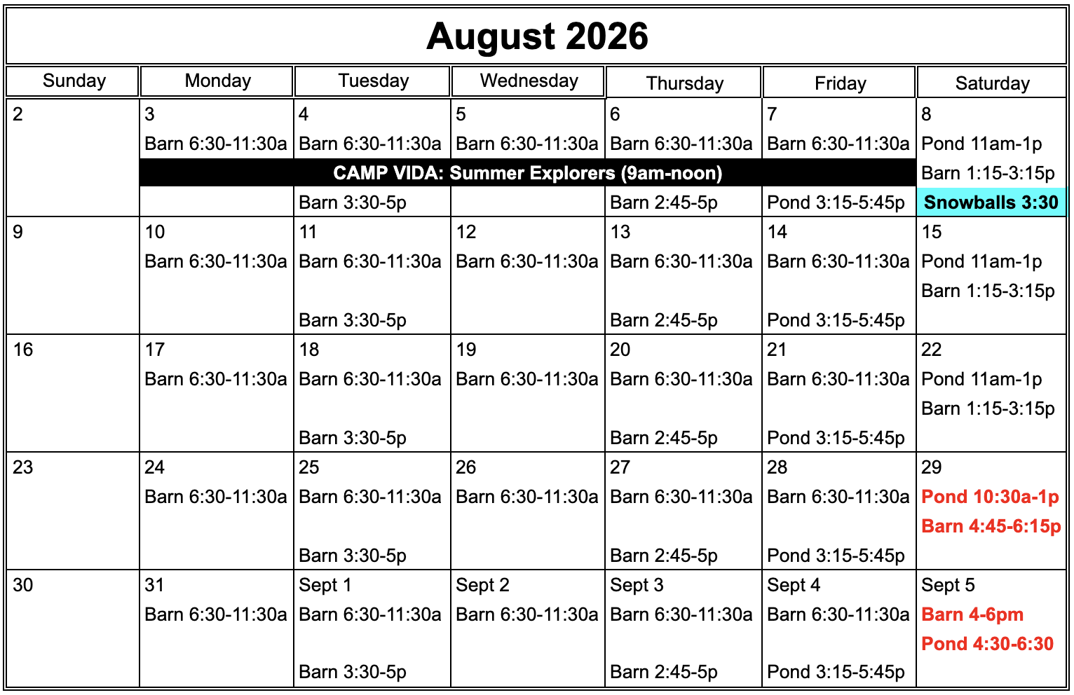 Weekly schedule of ice times, holidays and events for August 2026