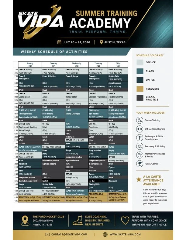 Class schedule for the Skate VIDA Summer Training Academy