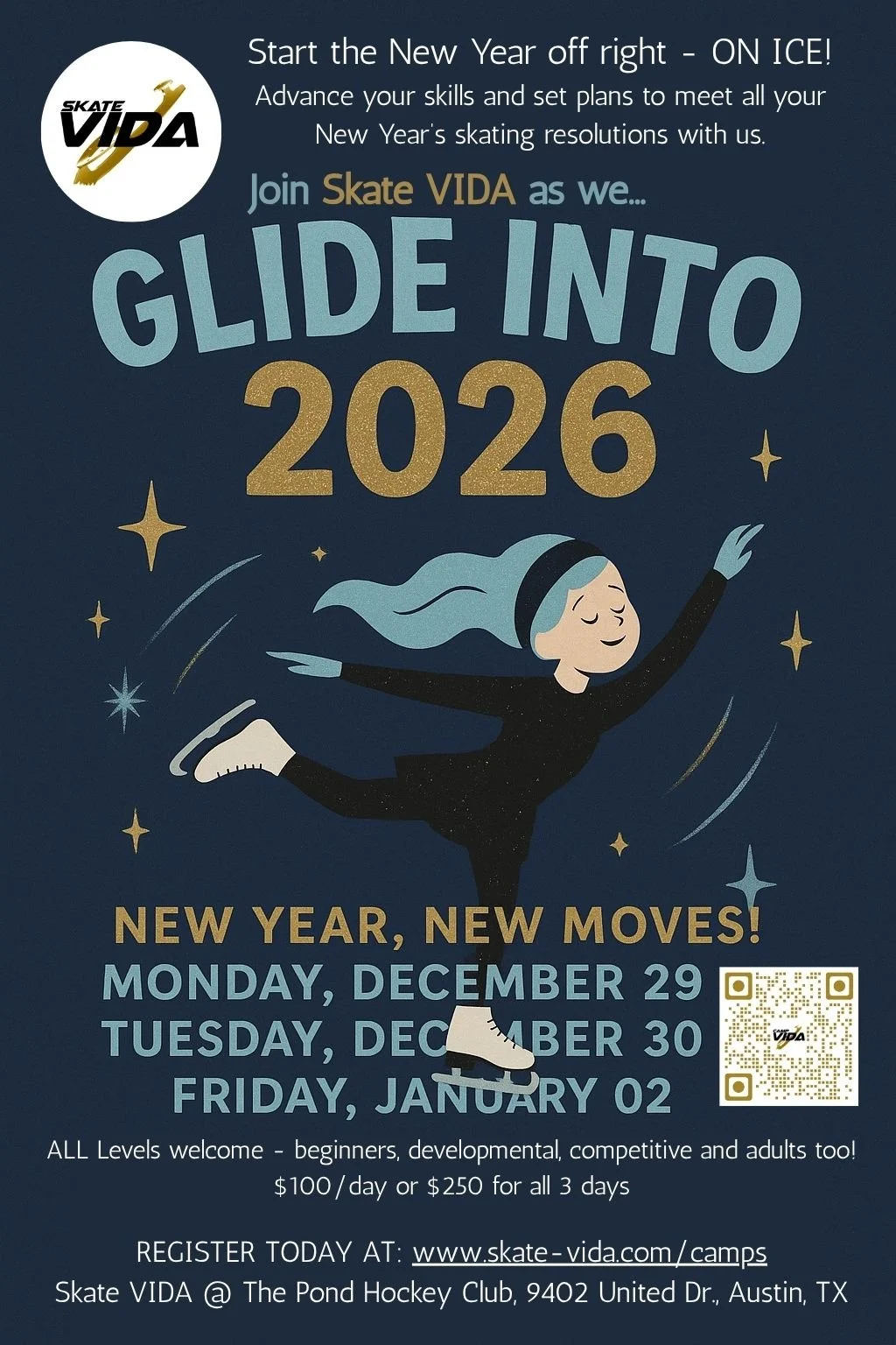 Flyer advertising winter break New Year 2026 ice skating camp in Austin
