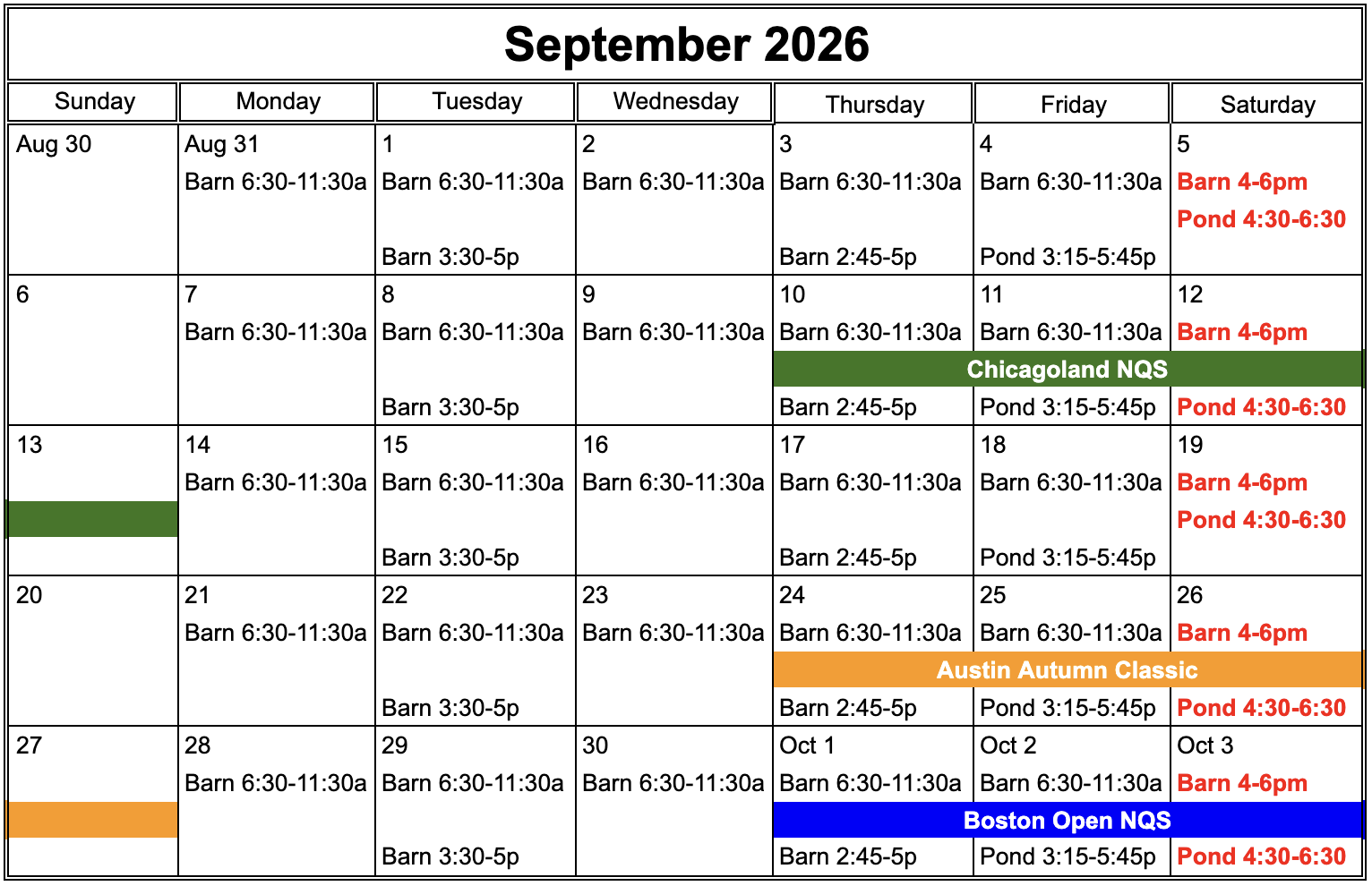 Weekly schedule of ice times, holidays and events for Sept 2026