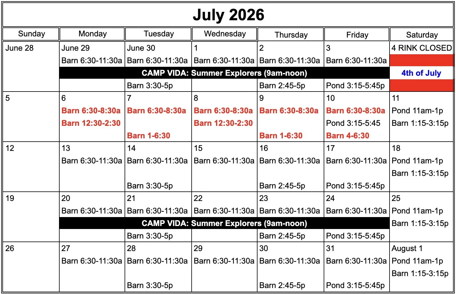Weekly schedule of ice times, holidays and events for July 2026