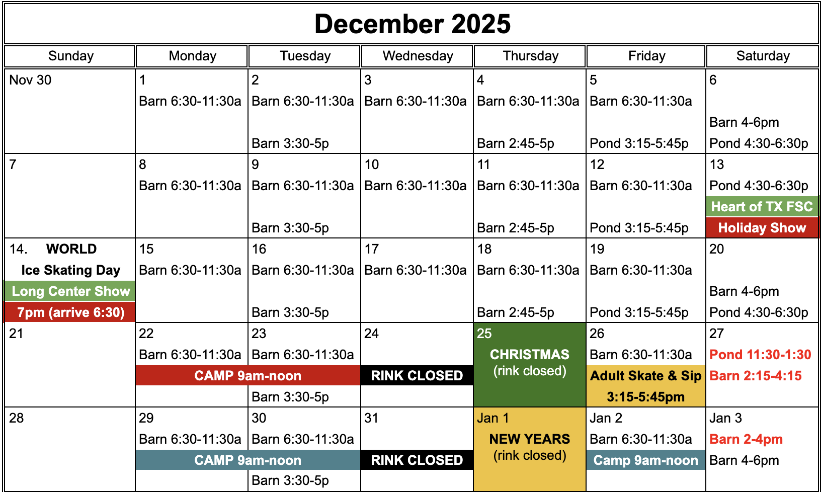 Weekly schedule of ice times, holidays and events for December 2025