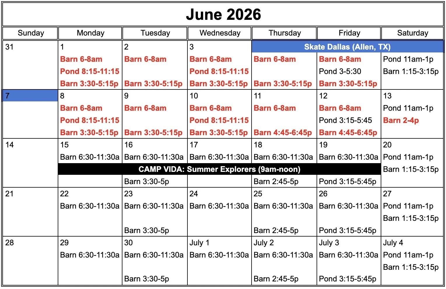 Weekly schedule of ice times, holidays and events for June 2026
