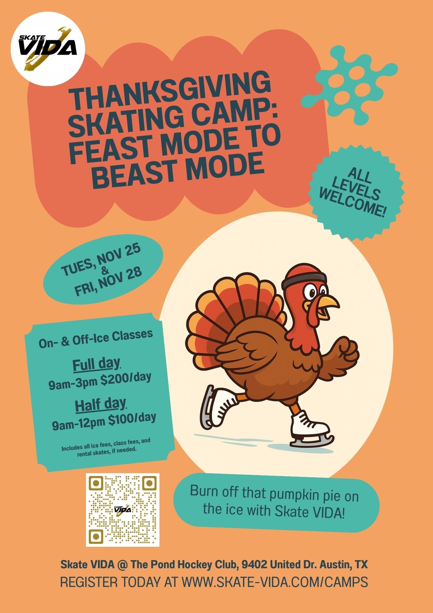 Flyer advertising Thanksgiving break ice skating camp in Austin