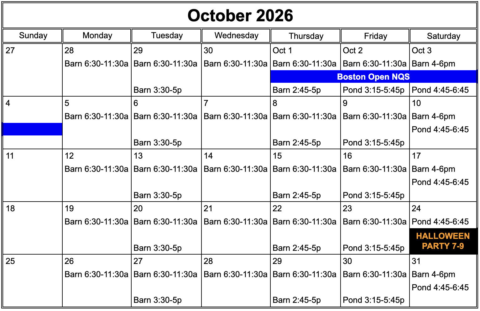 Weekly schedule of ice times, holidays and events for October 2026