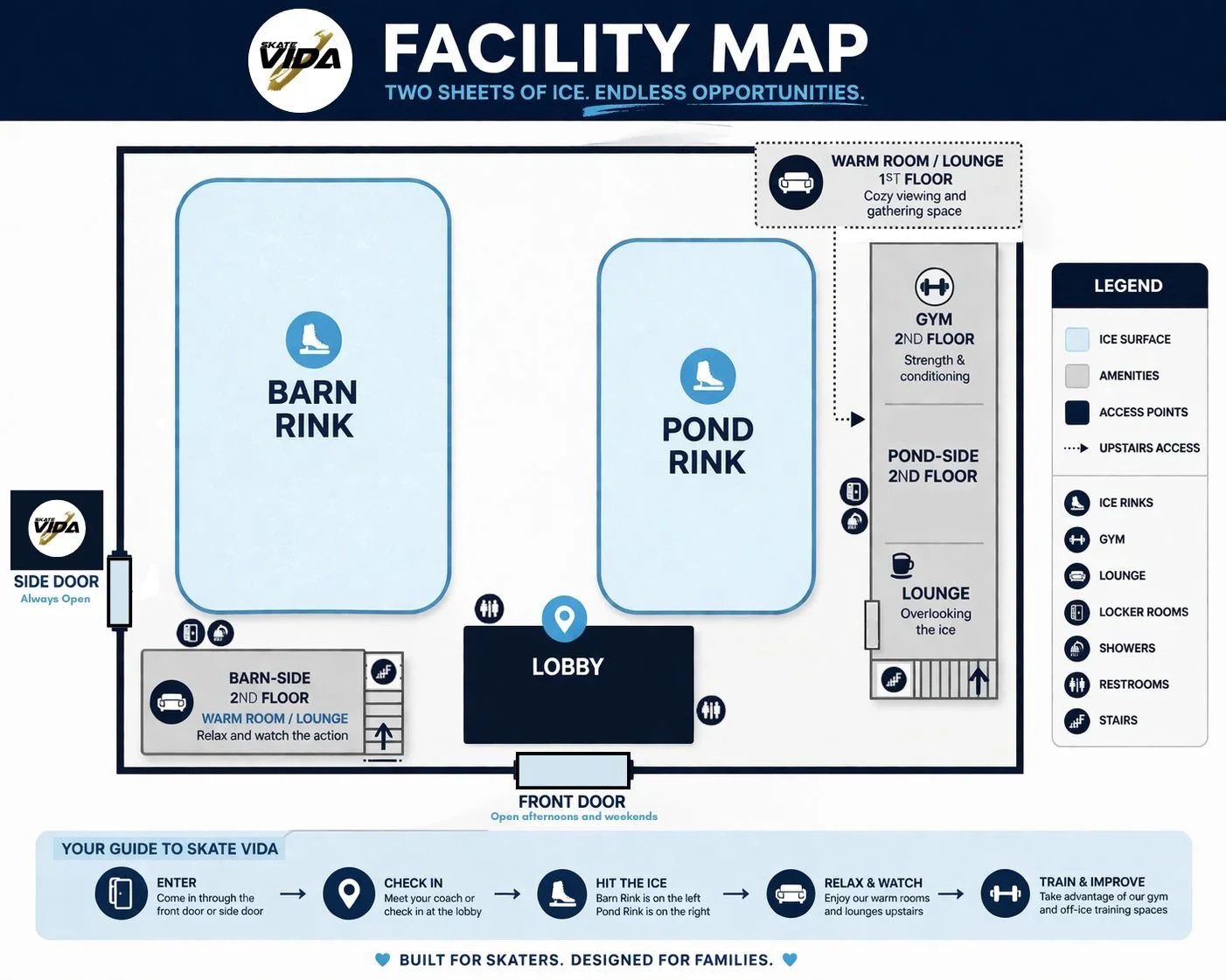 Facility map of the Skate VIDA ice rinks in Austin, Texas