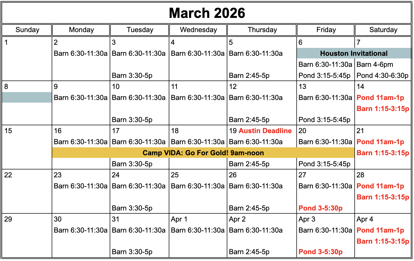 Weekly schedule of ice times, holidays and events for March 2026
