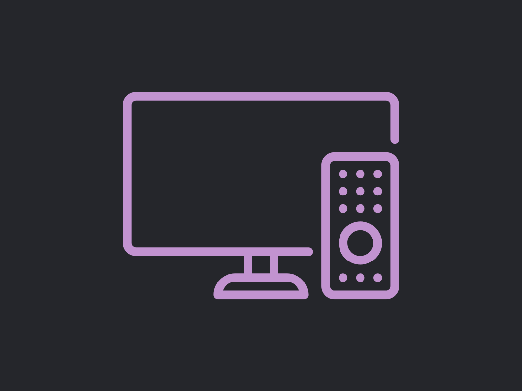 Icon av en datorskärm och en fjärrkontroll, båda i lila färg på mörk bakgrund.