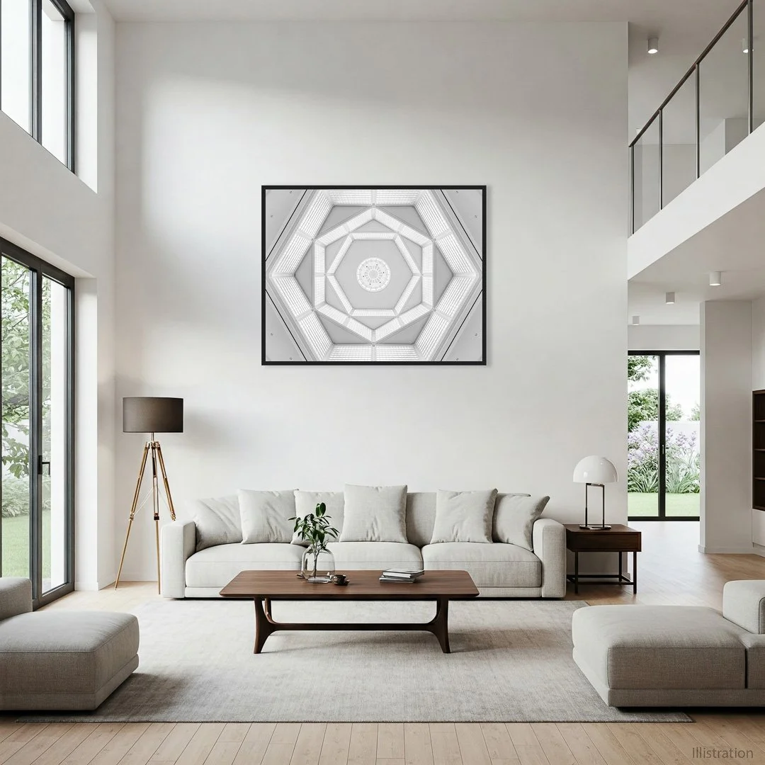 Moderner, heller Wohnraum mit weißen Möbeln, großen Fenstern und einem farbigen, geometrischen Kunstwerk an der Wand.