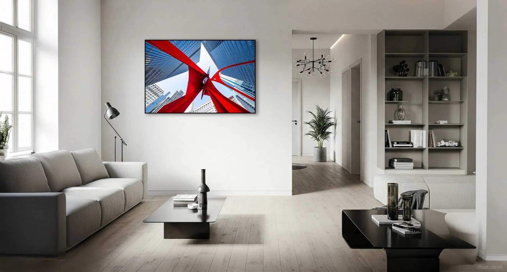 Moderne Wohnzimmer mit weißem Sofa, schwarzen Couchtisch, Wandbild mit Hochhäusern und rotem Kunstobjekt, Bücherregal, Pflanze und Fenster mit natürlichem Licht.