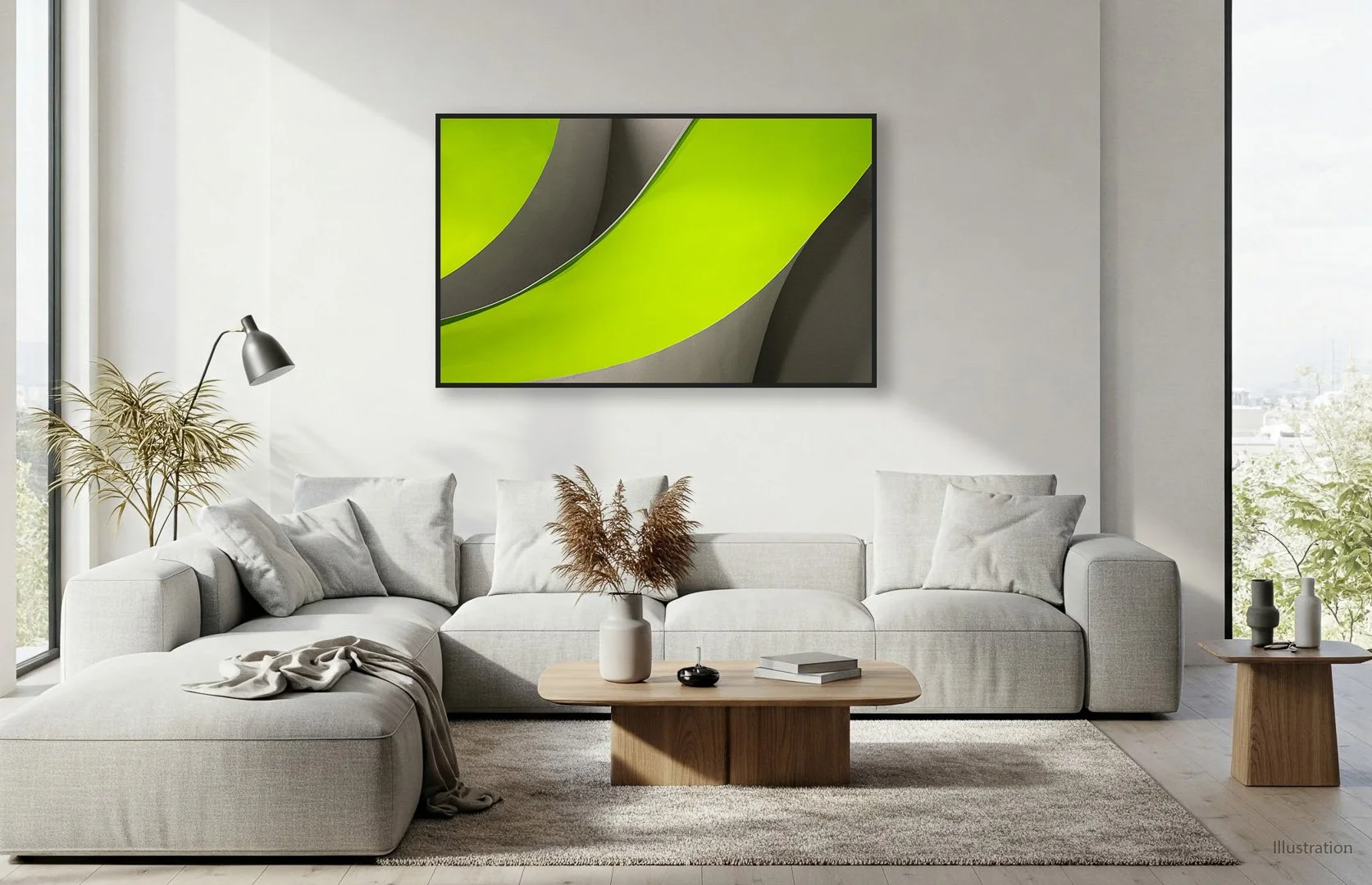 Modernes Wohnzimmer mit großen Fenstern, grauer Couch, Couchtisch mit Vase und Dekoration, Wandfernseher mit grünem und grauem Kunstwerk, Stehlampe, Zimmerpflanzen, dezenter Teppich.
