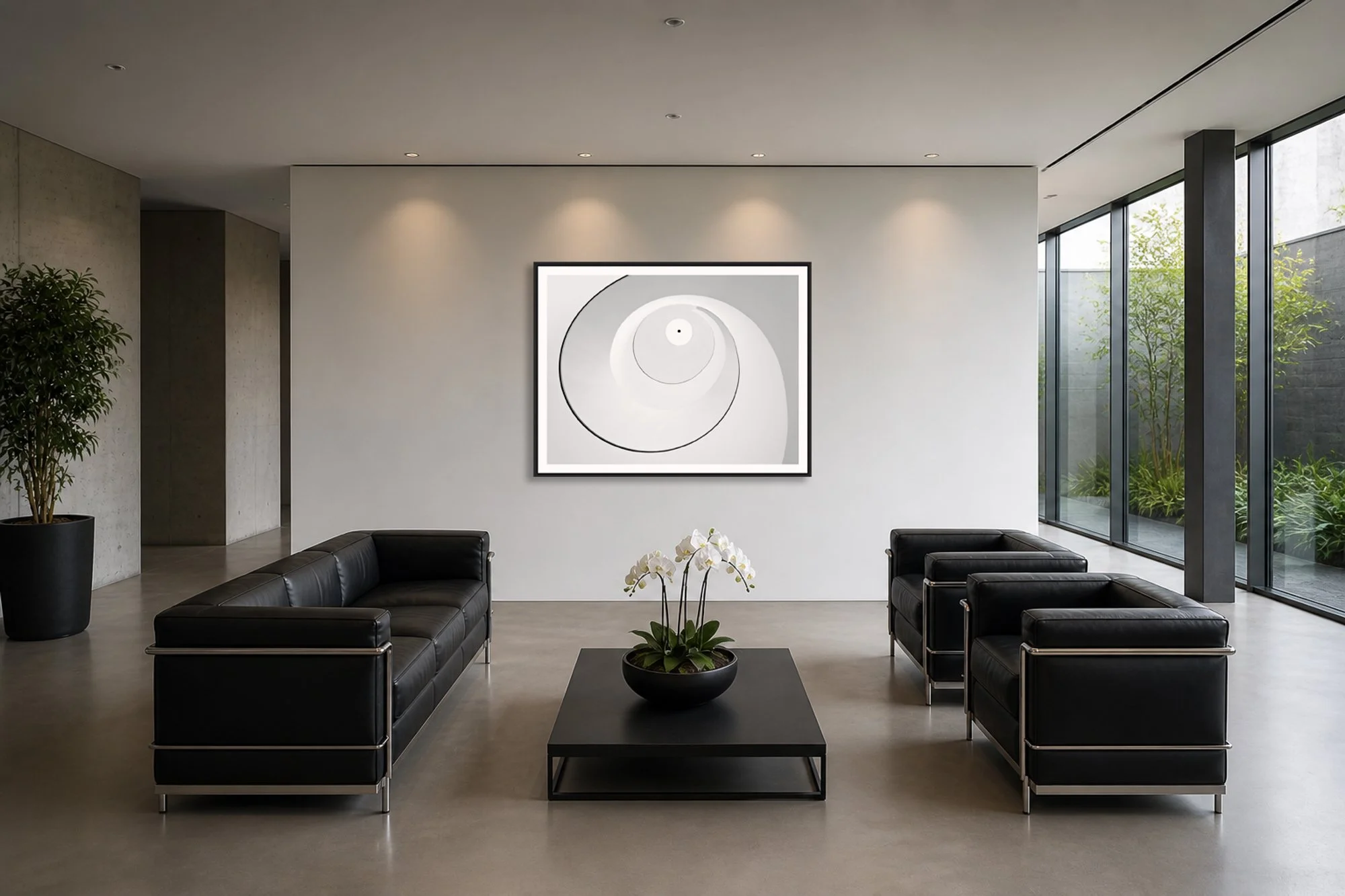 Modernes, minimalistisches Wohnzimmer mit schwarzen Ledersofas, einem schwarzen Couchtisch, einer weißen Wand mit abstrakter Kunst und großen Fenstern mit Blick auf einen Garten.