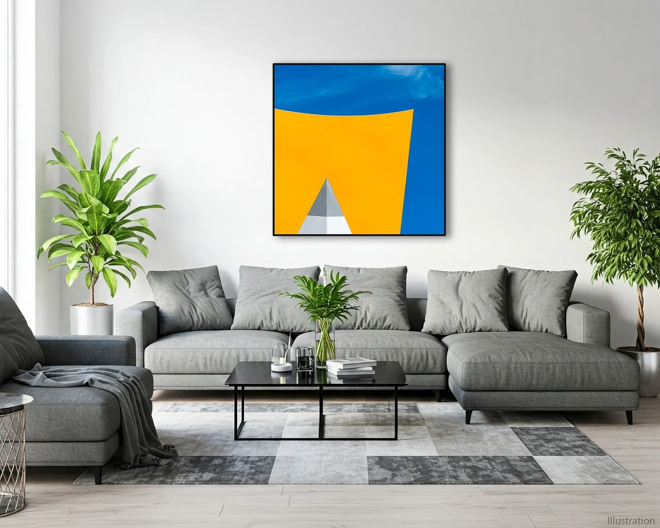 Moderner Wohnzimmerraum mit grauem Sofa, zwei großen Pflanzen, schwarzen Couchtisch, Wandbild mit blauer, gelber und grauer Grafik auf weißer Wand