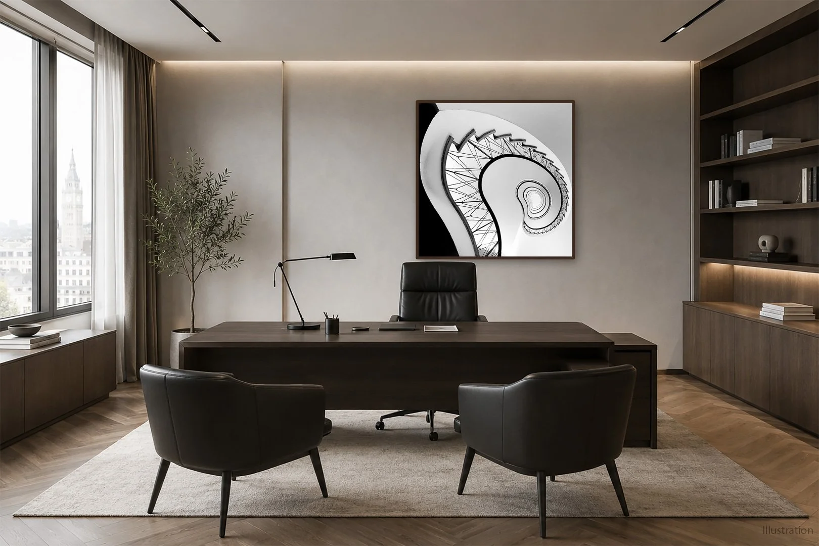 Modernes Büro mit dunklem Holzschreibtisch, schwarzen Lederstühlen, großer Fensterfront mit Blick auf die Stadt, Wandbild eines spiralförmigen Treppens, Bücherregal mit Dekorationsartikeln und Büchern